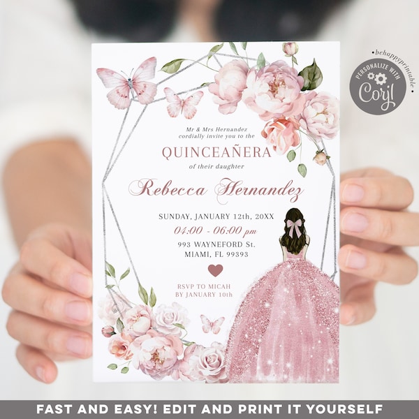 Editable mexican silver pink floral girl sweet 16 invitation, geometric butterfly mis quince, elegant pink princess quinceañera invite Q31