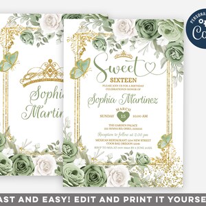 May include: A printable invitation for a Sweet Sixteen birthday party. The invitation features a gold glitter background with green and white floral accents, a gold crown, and butterflies. The text on the invitation reads "Sweet Sixteen" and "Sophia Martinez".