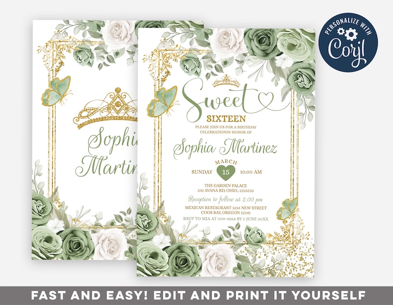May include: A printable invitation for a Sweet Sixteen birthday party. The invitation features a gold glitter background with green and white floral accents, a gold crown, and butterflies. The text on the invitation reads "Sweet Sixteen" and "Sophia Martinez".
