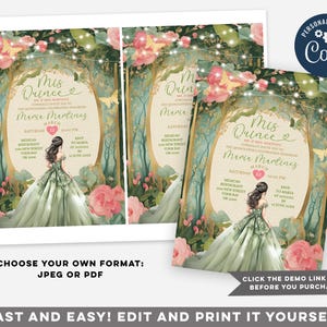 May include: A Quincea&ntilde;era invitation featuring a green and gold design with a princess in a green gown. The invitation includes the text "Mis Quince" and "Maria Martinez" with a date of 12th March.