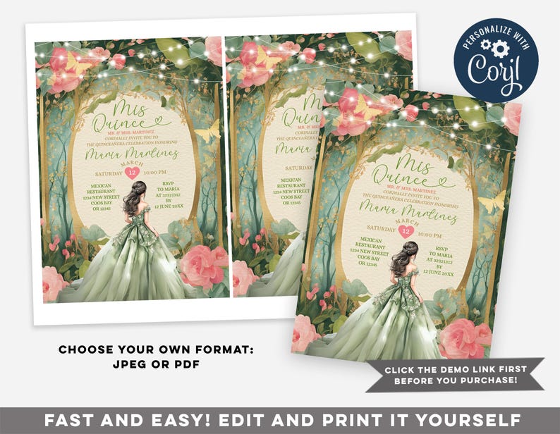 May include: A Quincea&ntilde;era invitation featuring a green and gold design with a princess in a green gown. The invitation includes the text "Mis Quince" and "Maria Martinez" with a date of 12th March.