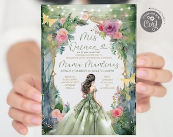 Editable Sage Green Forest Floral Mis Quince Invite, Magical Garden Floral sweet 16 años, royal beautiful princess fairytale invitation S541