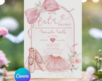 Invitación editable para baby shower con tutú de bailarina y lazo coqueto. Elegante invitación para baby shower con tutú "Estamos emocionados". Invitación "Bailarina es una niña". B6