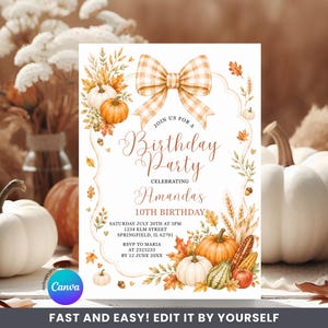 May include: A rectangular birthday party invitation card featuring a watercolour illustration of pumpkins, autumn leaves, and wheat. A large beige and white gingham bow sits at the top. The text reads: Join us for a Birthday Party celebrating Amanda's 10th Birthday, Saturday July 20th at 3pm, 1234 Elm Street, Springfield, IL 62701, RSVP to Maria at 2323233 by 12 June 20XX.