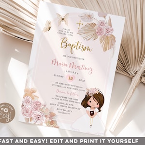 Invito modificabile per battesimo floreale rosa boho per bambina, invito per battesimo Holy Bautizo Gold Cross Fiesta Little Girl Prayering First, S433