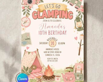 Editable Cute Boho Pink Let's Go Glamping Birthday Invitation, Pink Adventure Awaits Girl Birthday Outdoor, Glamping Woodland Floral, ZLC08