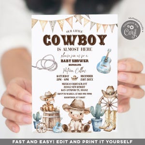Invito baby shower modificabile con tema cowboy carino in acquerello, invito baby shower per bambini in stile western del selvaggio West, un piccolo cowboy è in arrivo, rodeo! BR6