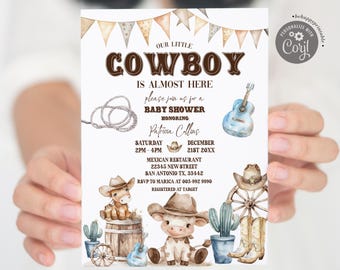 Invitación editable para baby shower con temática de vaquero adorable en acuarela, invitación para baby shower de niño del Viejo Oeste, ¡Un pequeño vaquero está en camino, rodeo! BR6