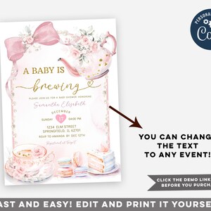 Puede incluir: Una invitaci&oacute;n de baby shower rosa y dorada con una tetera, flores y macarons. El texto dice "A baby is brewing" e incluye el nombre "Siminthe Elizabeth".