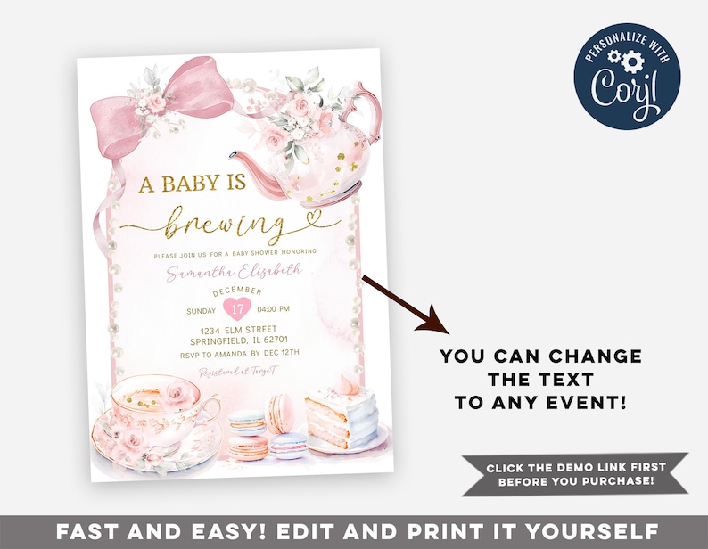 Puede incluir: Una invitaci&oacute;n de baby shower rosa y dorada con una tetera, flores y macarons. El texto dice "A baby is brewing" e incluye el nombre "Siminthe Elizabeth".