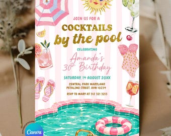 Editable Pink Stripe cocktails by the pool party girl adult Birthday Invitation, Summer Swim Party Invite, Any Age Birthday Pool Party, Z101
