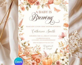 Editable Cute A Baby is brewing Pumpkin Boho Floral Tea Party Invitation, Terracotta A Little Pumpkin baby shower Autumn Floral invite ZLC10