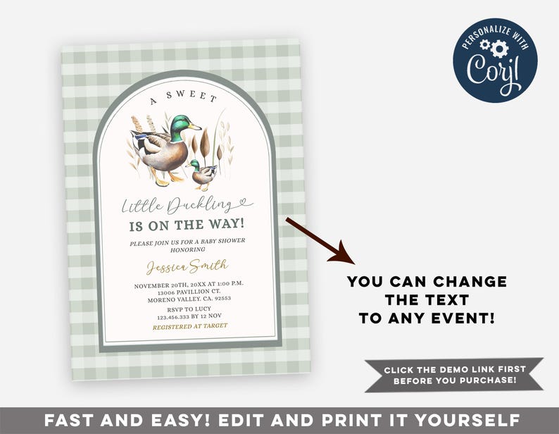 Op de afbeelding: Een babyborrel uitnodiging met een groen en wit ruitjespatroon en een aquarel illustratie van twee eenden. De tekst luidt "A Sweet Little Duckling is on the Way!" en bevat details over het evenement, zoals de datum, tijd, locatie en RSVP-informatie.