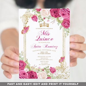 Editable Fuchsia Pink Mis Quince Invitation, Fuchsia mexican Gold Quiñceanera invite, fuschia pink floral spanish 15 Anos butterfly, S385