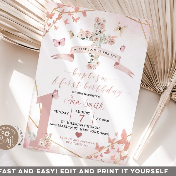 Editable blush pink baptism & first birthday invitation, boho pink butterfly 1st birthday, elegant pink floral cross baptism invite Z151