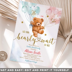 Op de afbeelding: Een uitnodiging voor een gender reveal party met een aquarel ontwerp. De uitnodiging toont een teddybeer met ballonnen met de tekst "He" en "She". De tekst luidt "We can bearly wait to see" en bevat feestdetails.