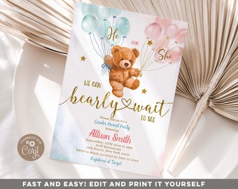 Bear Gender Reveal Invitation, Editable We can bearly wait baby shower, Cute Boy or Girl Pink & Blue Balloons Wildone Animal invite, S295