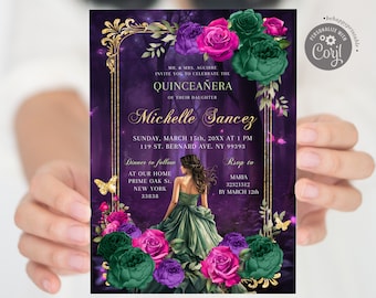 Editable enchanted forest sweet 16 invitation, elegant fairytale floral princess quinceañra, lilac green magical forest 15 años invite Q3