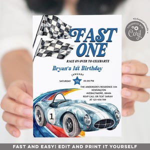 Editable Fast One Race Car 1st Birthday Invitation, Race On Over vintage racing car birthday, this year FAST ONE kid&#39;s retro race car R15