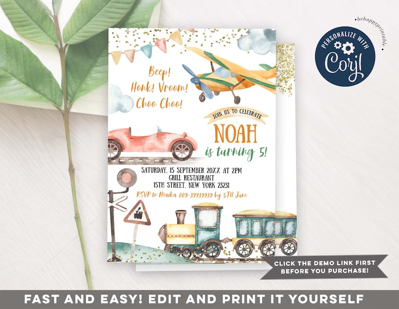 May include: A colorful invitation for a 5th birthday party with a transportation theme. The invitation features a red car, a blue train, and a yellow airplane. The text on the invitation reads "Beep! Honk! Vroom! Choo Choo! Join us to celebrate Noah is turning 5! Saturday, 15 September 20XX at 2PM Grill Restaurant 15th Street, New York 23231 RSVP to Mauka 009-39939939 by 5TH June"