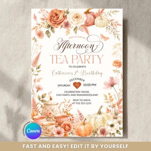 May include: A rectangular invitation card for an Afternoon Tea Party featuring watercolor illustrations of orange and white roses, pumpkins, and foliage. The text includes event details for Catherine's 7th Birthday on Saturday, December 15th.
