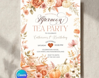 Editable Boho Floral Autumn Afternoon Tea Birthday Girl Party Invitation, Vintage Tea pot Terracotta Fall in love pumpkin invite, ZLC10