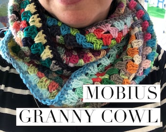 Mobius Granny Cowl Scarf Crochet Pattern UK and US terms granny square mobius strip scrappy scrap stash buster project