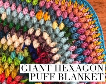 Giant Hexagon Puff Stitch Crochet Blanket Pattern UK and US terms scrap stash buster