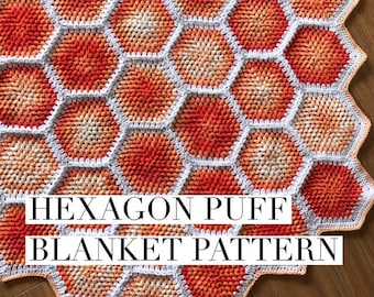 Crochet Blanket Pattern, Hexagon design, Puff Stitch, US and UK terminology, PDF Instant Download