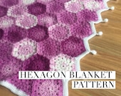 Crochet Blanket Pattern, Hexagon design, Pom pom edge, US and UK terminology, PDF Instant Download