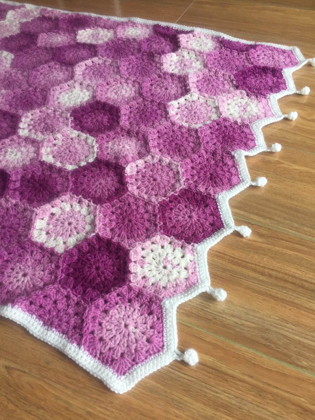 Crochet Blanket Pattern Hexagon design Pom pom edge US and Etsy