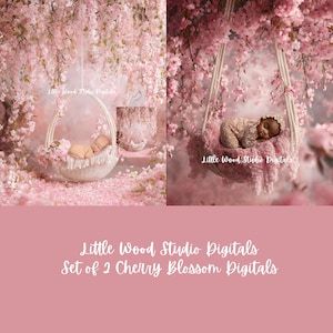 May include: Two digital images of a newborn baby sleeping in a swing made of woven rope and fabric, surrounded by pink cherry blossoms. The text "Little Wood Studio Digitals Set of 2 Cherry Blossom Digitals" is at the bottom of the image.