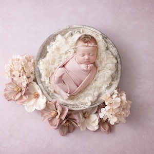 Newborn Digital Backdrop rustic white bowl with cream curly wool and floral arrangement on a painted pink backdrop