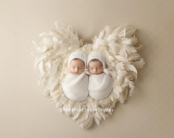 Feather Heart -Newborn Photography props, Newborn digital background, twins digital