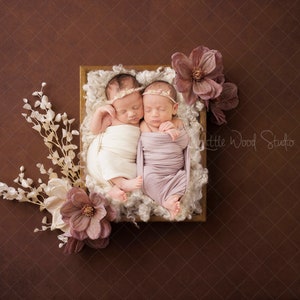 Brown Flower  Newborn Digital Backdrop with cream curly wool