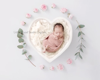 Newborn Digital Backdrop White Heart Bowl and pink roses digital background