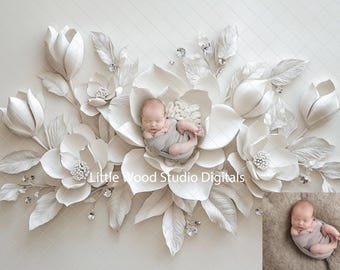 Magnolia Flowers and Diamonds,Newborn Photography props, Newborn digital background Diamond birthstone