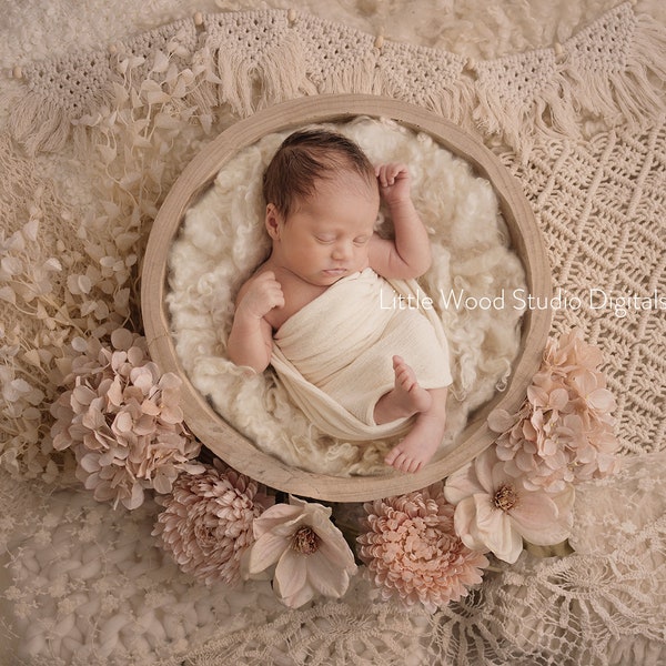 Boho Newborn Digital Background, Light Wood Bowl  with cream curly wool and soft pink flowers and macrame layers