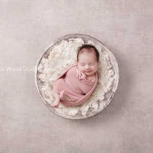 Newborn Digital Backdrop rustic white bowl with cream curly wool on a textured grey backdrop