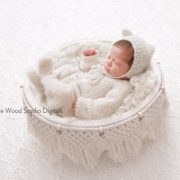 Boho Newborn Digital Backdrop, Macrame bowl on knitted white rug with cream curly wool backlit digital