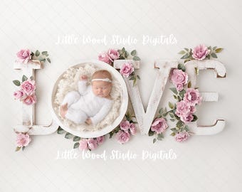 Newborn digital background, LOVE- rustic wood