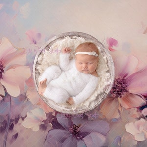 Newborn Digital Backdrop rustic white bowl with cream curly wool on a painted flower backdrop 1