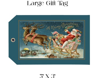 GIFT TAG Large, Set of 4,  5x3” Tag, Vintage Santa, Vintage Christmas Tag,  Large Gift Tags