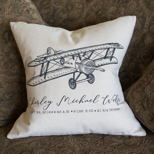 Birth Stats Pillow, Vintage Airplane, PILLOW COVER, Personalized birth announcement, baby boy gift, airplane baby pillow, aviator nursery