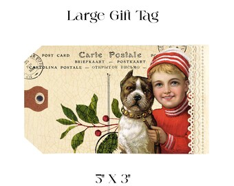 GIFT TAG Large, Set of 4,  5x3” Tag, Vintage Boy with Dog, Vintage Christmas Tag,  Large Gift Tags