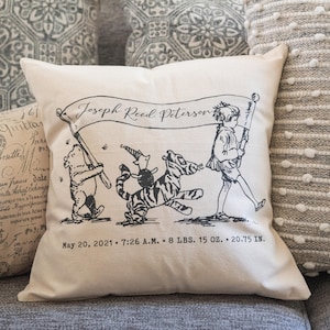 Birth Stats Pillow, Old Pooh Bear, PILLOW COVER, Personalized birth announcement, baby boy gift, Old Pooh Bear pillow, Vintage Pooh nursery