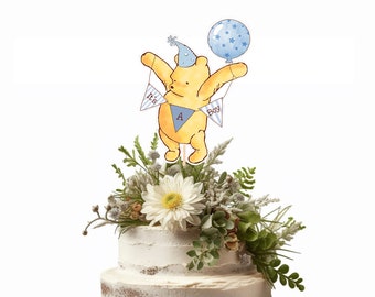 Glitter Classic Pooh Cake Topper, It’s a Boy, Blue Tulle & 3D Balloon, Baby Shower, Birthday Centerpiece