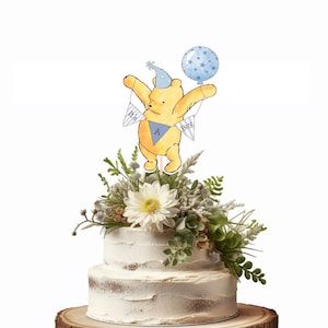 Classic Pooh Cake Topper, GLITTER, It&#39;s A Boy, Classic Pooh Baby Shower, Birthday, Centerpiece, Photo Prop, Smash Cake, Blue Balloon