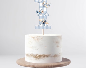 Vintage Airplane Number 1 Cake Topper | 1st Birthday Smash Cake Topper | Blue Gingham Airplane First Birthday Party Decor