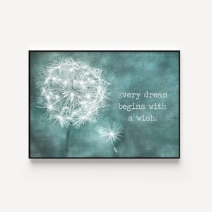 Dandelion Wall Art, Dandelion Wall Decor, Dandelion Art Print, Teal Blue Wall Art, Home Wall Art, Home Wall Decor, Inspiration Quote